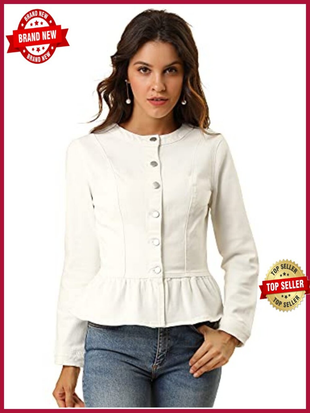 Peplum Denim Jacket Collarless Round Neck Cropped Ruffle Hem - Cotton Blend